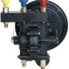A black air pump with three valves on it.